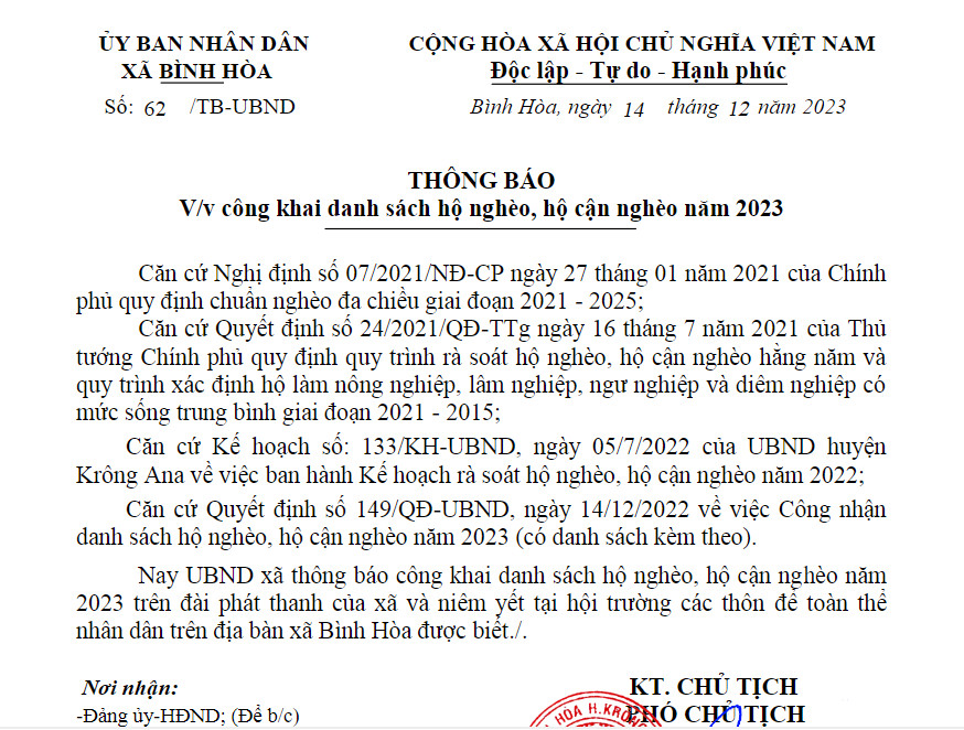 THÔNG BÁO CÔNG KHAI DANH SÁCH HỘ NGHÈO, HỘ CẬN NGHÈO NĂM 2023